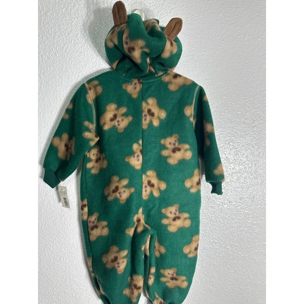 NWT Vintage Teddy Bear Fleece Hooded Bunting Snowsuit Green 24 Months New